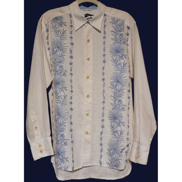 Tommy Bahama Relax Mens Medium Linen Long Slv Button Shirt Ivory w/ Blue Floral - Picture 1 of 6